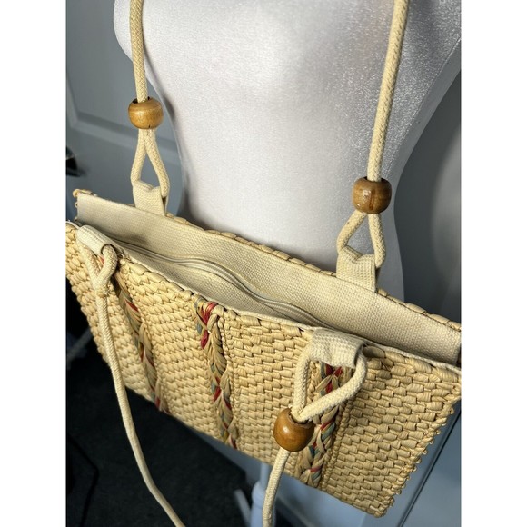 VTG Medium Size Beige Woven Straw Wood Bead Braided Rope Handle Tote Handbag - Picture 6 of 9